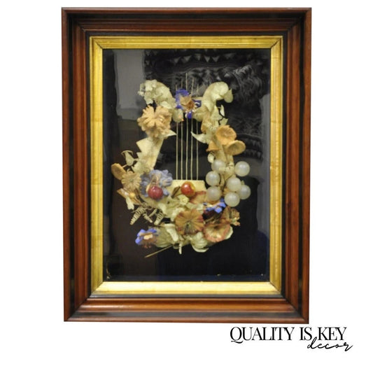 Antique Victorian Harp Design Flower Mourning Wreath Mahogany Shadow Box Frame