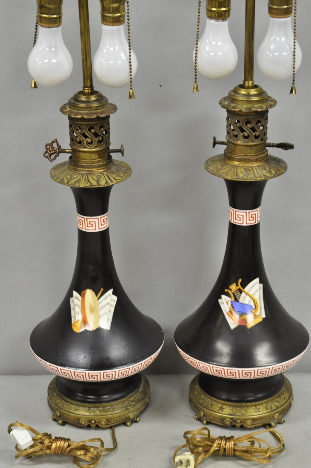 Antique French Neoclassical Bronze & Black Porcelain Painted Table Lamps - Pair