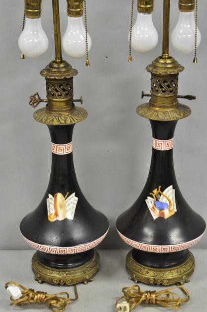 Antique French Neoclassical Bronze & Black Porcelain Painted Table Lamps - Pair