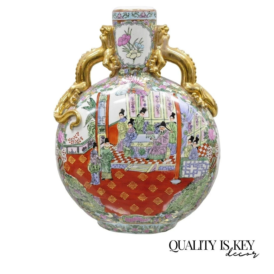 Vintage Chinese Famille Rose Porcelain Figural Orange Moon Flask Vase w/ Dragons