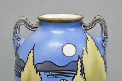 Antique Hand Painted Blue Nippon Porcelain Halloween Pattern Twin Handle Vase