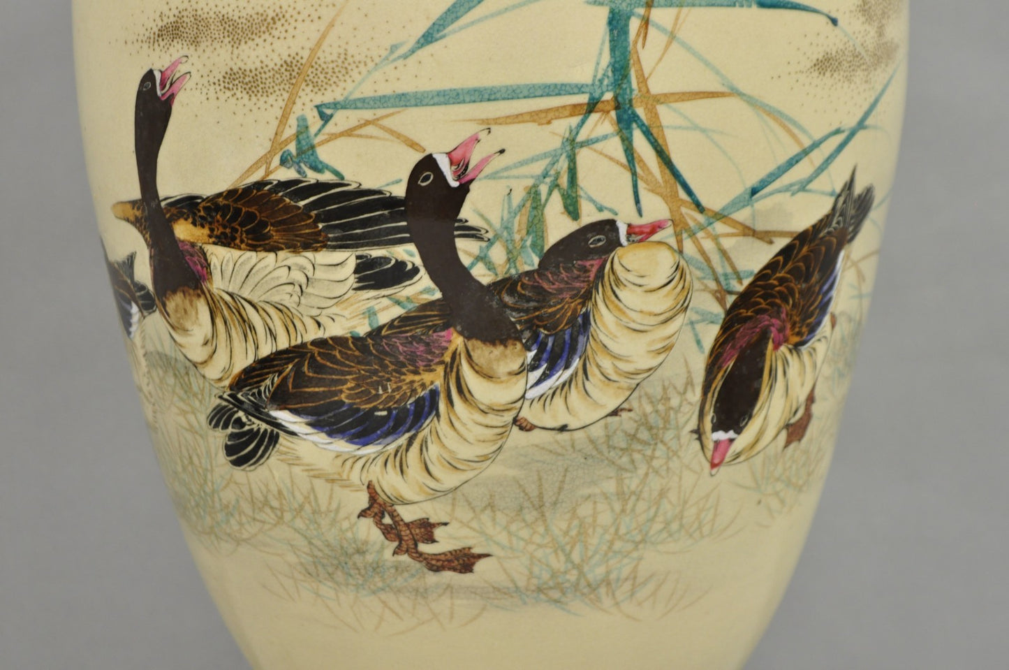 Antique Oriental Oversized Porcelain Satsuma Vase Japanese Table Lamp w/ Geese