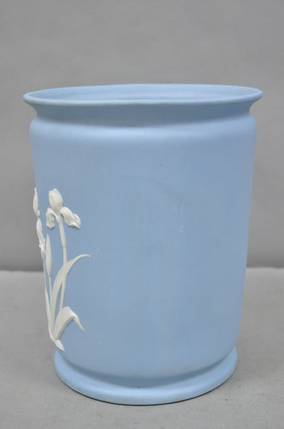 Vintage Flambro Cameo Iris Blue Jasperware Wedgwood Style Floral Cachepot Vase