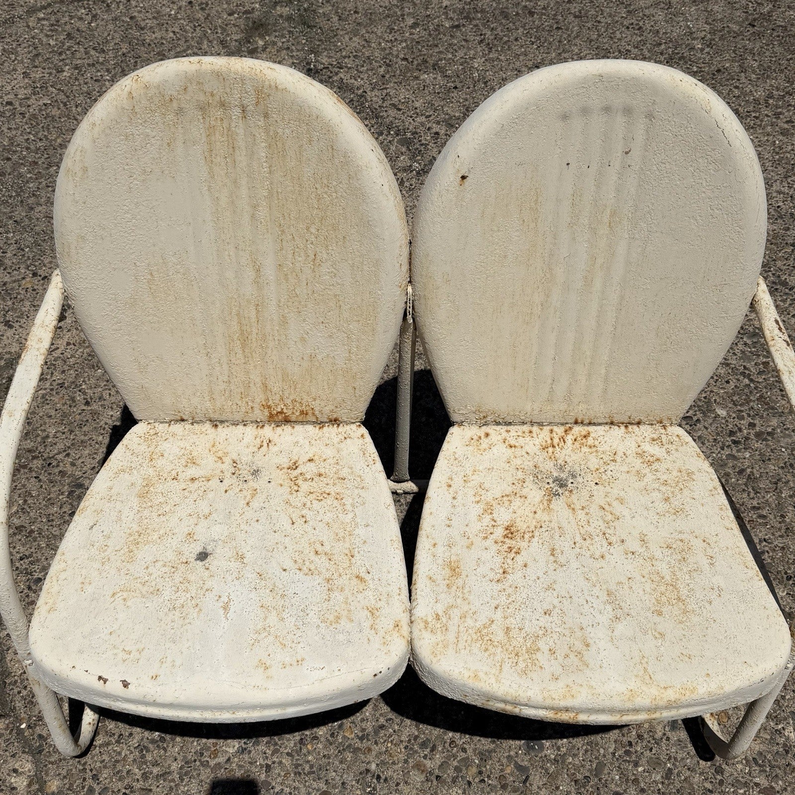 Vintage Art Deco Steel Metal Clam Shell Double Seat Porch Patio Loveseat - Pair