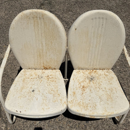 Vintage Art Deco Steel Metal Clam Shell Double Seat Porch Patio Loveseat - Pair
