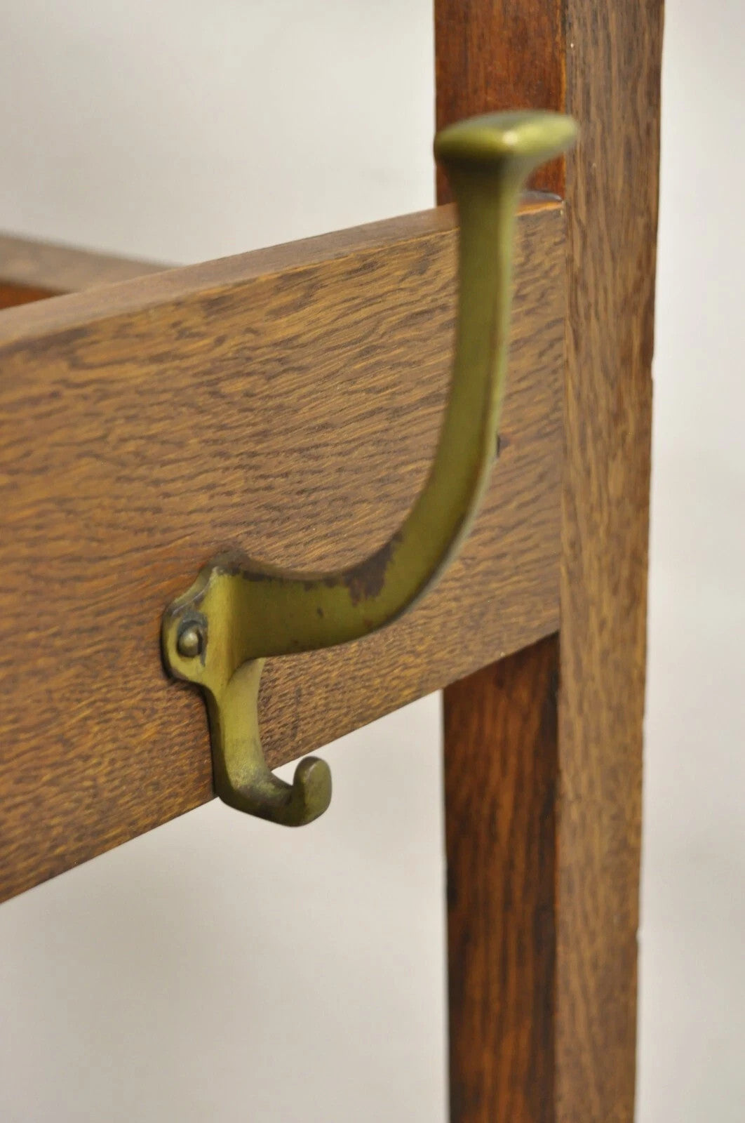 Antique Mission Arts & Crafts Oak Wood Coat Hook Hall Tree Umbrella Stand