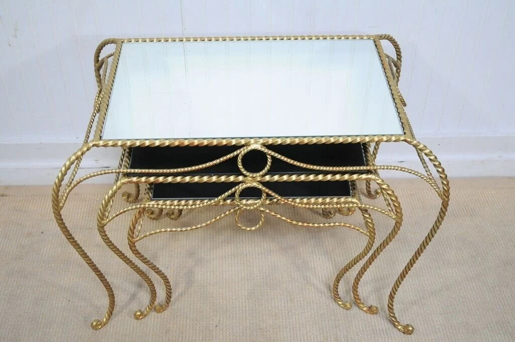 Vintage Italian Hollywood Regency Gold Rope Mirror Top 3 Pc Nesting Side Tables