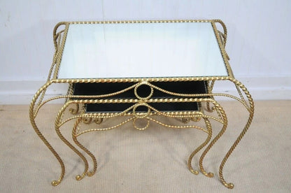 Vintage Italian Hollywood Regency Gold Rope Mirror Top 3 Pc Nesting Side Tables