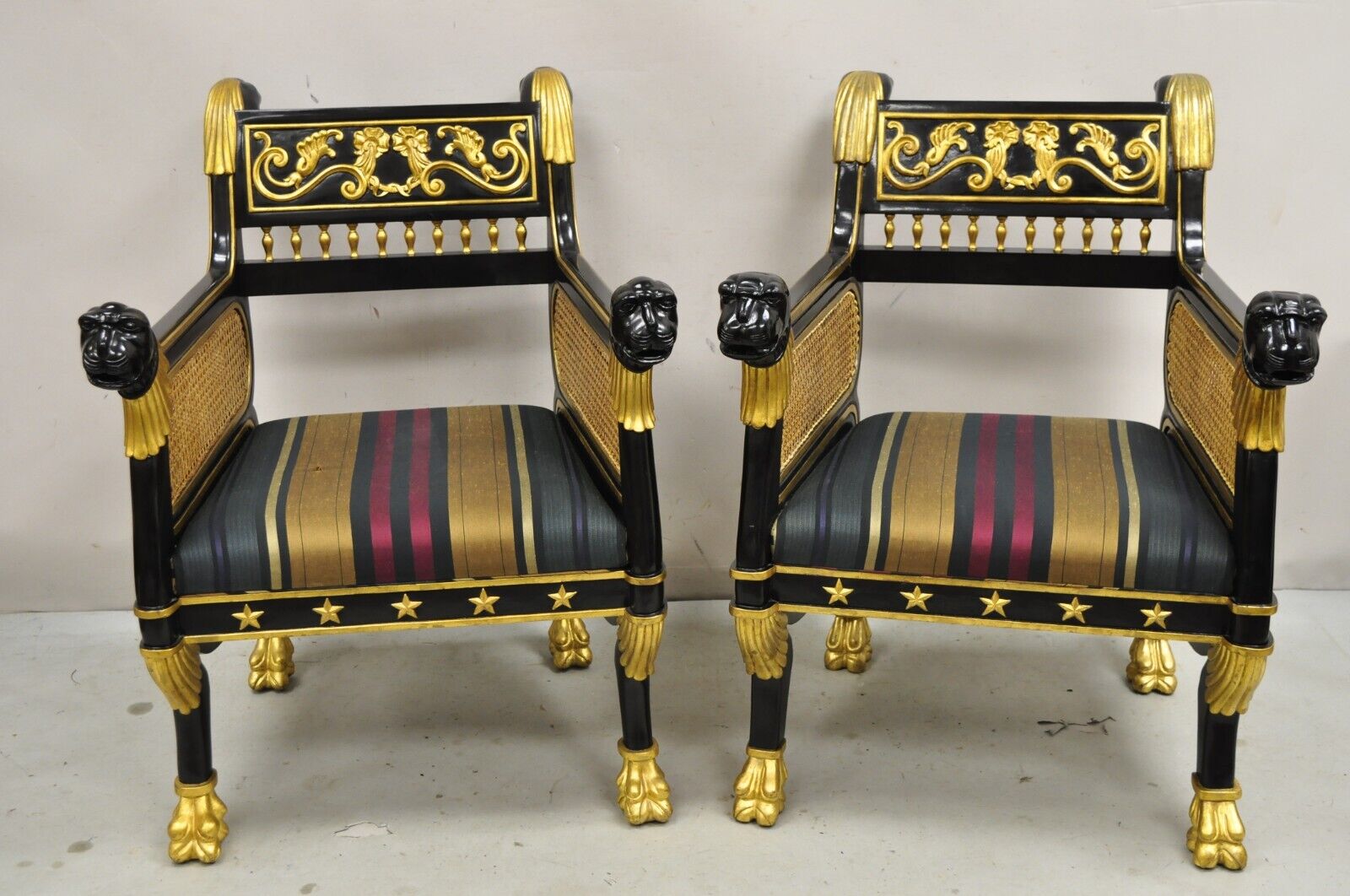 Egyptian Revival Regency Black Ebonized Gold Gilt Lion Head Throne Chairs - Pair