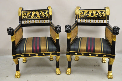 Egyptian Revival Regency Black Ebonized Gold Gilt Lion Head Throne Chairs - Pair