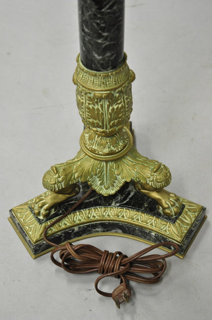 Antique French Empire Regency Gilt Bronze & Marble Column Paw Foot Table Lamp