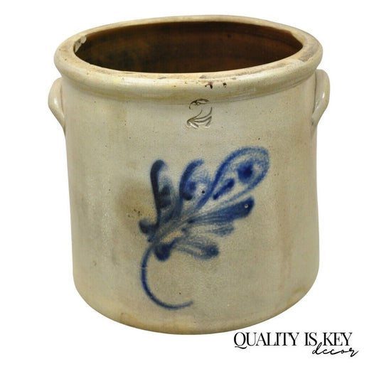 Antique Stoneware Two Gallon Crock with Cobalt Blue Slip Trailed Floral Design