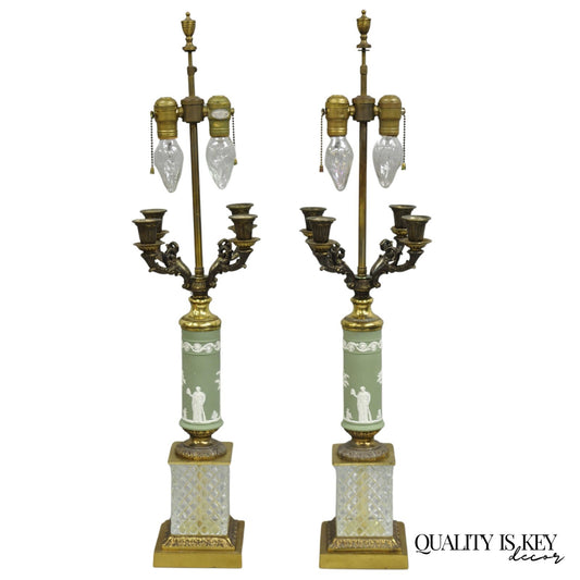 Vintage French Neoclassical Green Jasperware Candelabra Table Lamps - a Pair