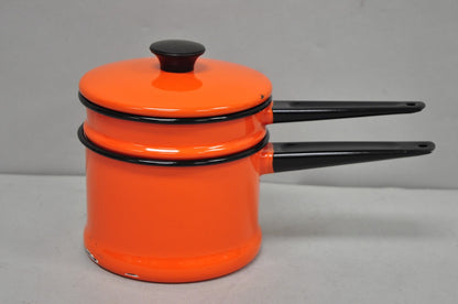 Vintage Enamel Orange & Black Metal Double Boiler Nesting Pot w/ Lid