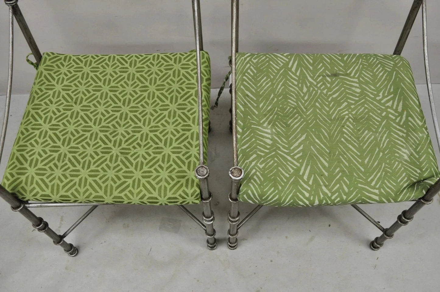 Pier 1 Medici Pewter Wrought Iron Neoclassical Style Dining Side Chairs - a Pair