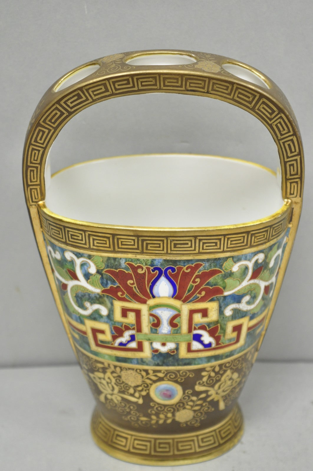 Antique Nippon Morimura Art Deco Hand Painted Porcelain Top Handle Bucket Vase