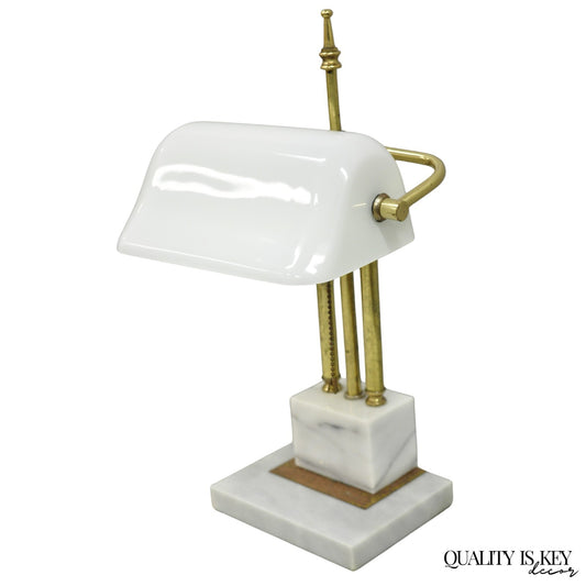 Vintage Mid Century Modern Art Deco Marble & Brass Bankers Desk Lamp w/ Shade