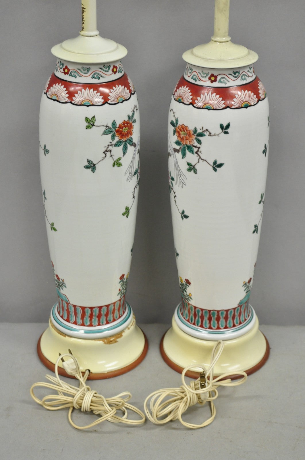 Vintage Chinoiserie Chinese Porcelain Jardinière Vase Flower Table Lamps - Pair