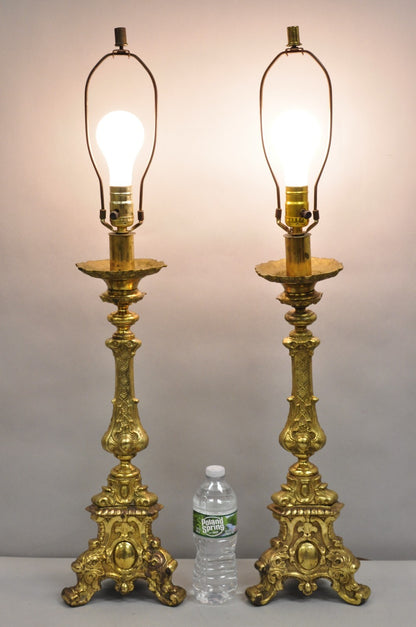Vintage French Empire Baroque Ornate Brass Candlestick Table Lamps - a Pair