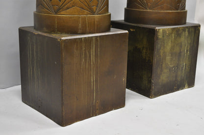 Antique Art Deco 75" Tall Wooden Pedestal Column Geometric Chevron Carved - Pair