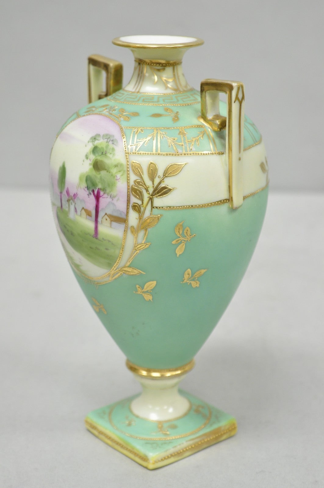 Antique Nippon Porcelain Hand Painted Windmill Scene Green Small Bolted Vase (B)