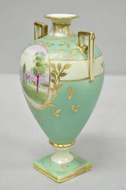 Antique Nippon Porcelain Hand Painted Windmill Scene Green Small Bolted Vase (B)