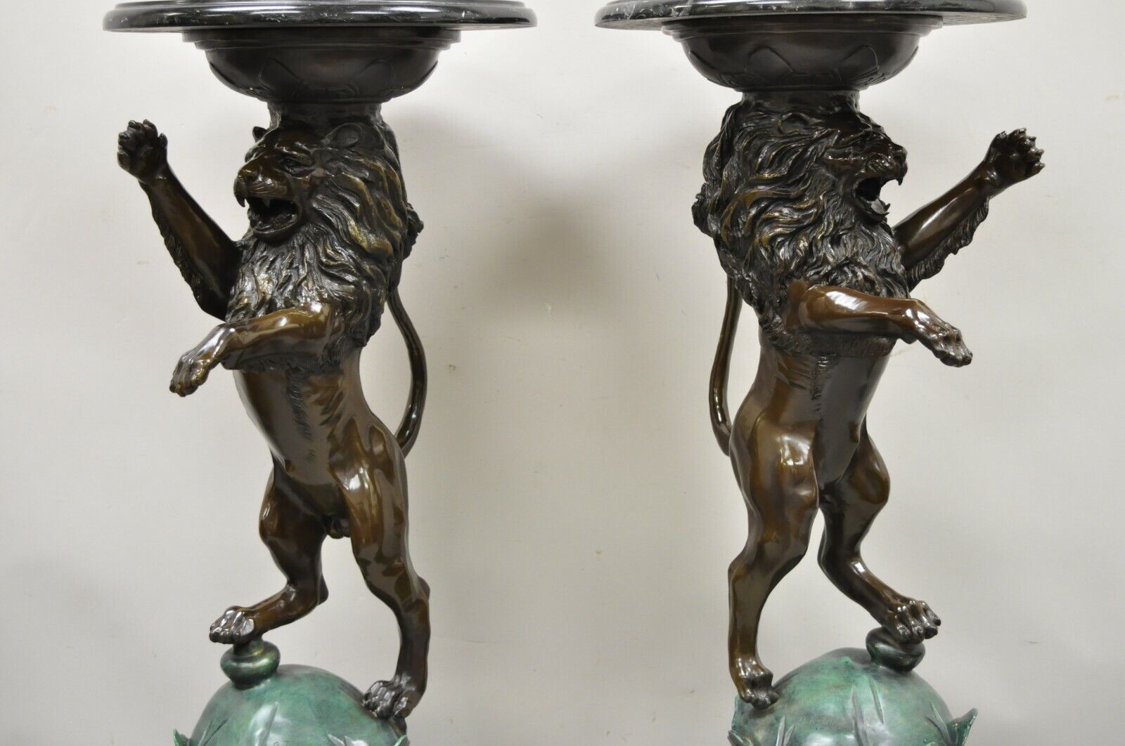 Cast Bronze Figural Lion Sculpture Marble Top Pedestals after P.J Mene - a Pair