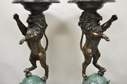Cast Bronze Figural Lion Sculpture Marble Top Pedestals after P.J Mene - a Pair