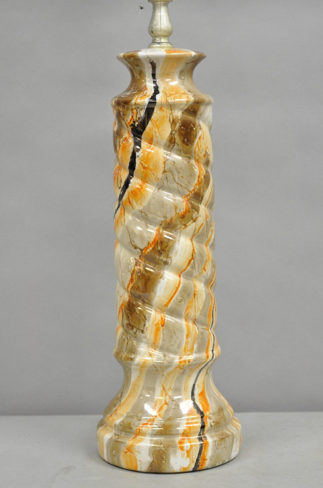 Vintage Mid Century Modern Glazed Pottery Orange Faux Marble Column Table Lamp