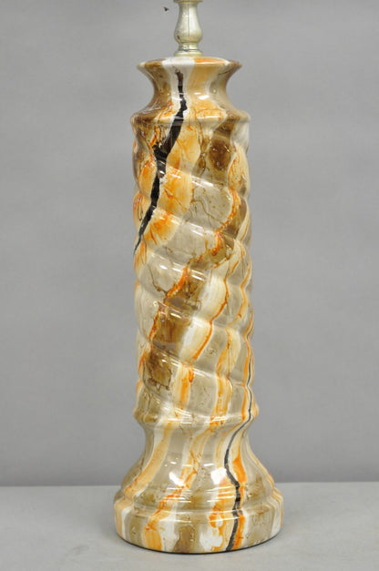 Vintage Mid Century Modern Glazed Pottery Orange Faux Marble Column Table Lamp