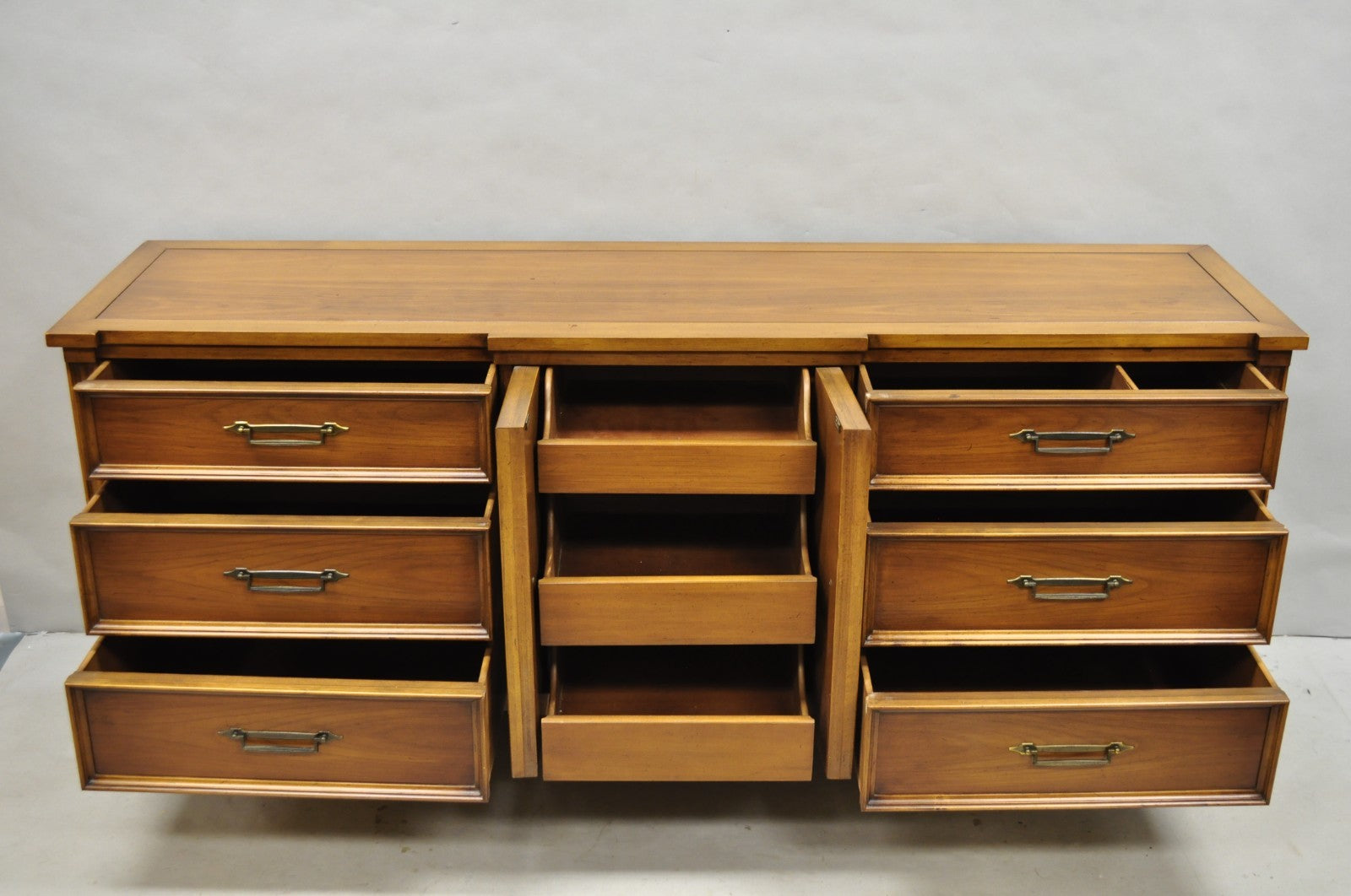 Vintage French Provincial Cherry Wood White Furn. 9 Drawer Credenza Long Dresser