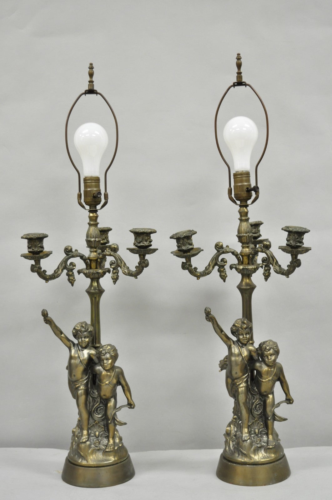 French Renaissance Figural Spelter Metal Cherub Candelabra Table Lamps - a Pair