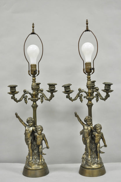 French Renaissance Figural Spelter Metal Cherub Candelabra Table Lamps - a Pair
