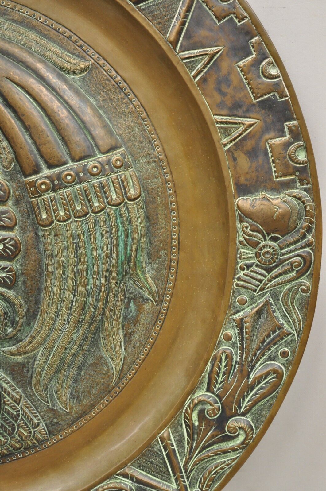 Vtg Copper Relief Figural Mexican Aztec Warrior Large Wall Plaque Charger Tray