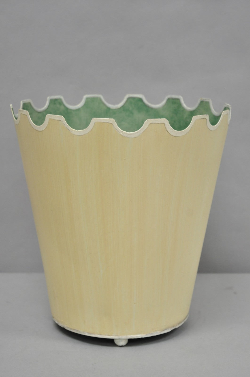 Vintage Italian Hollywood Regency Tole Metal Cream & Green Painted Wastebasket