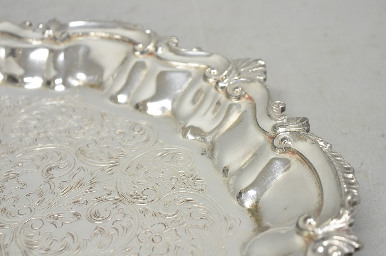 Vintage SBEP Victorian Silver Plated Round Scalloped Salver Bar Tray Platter