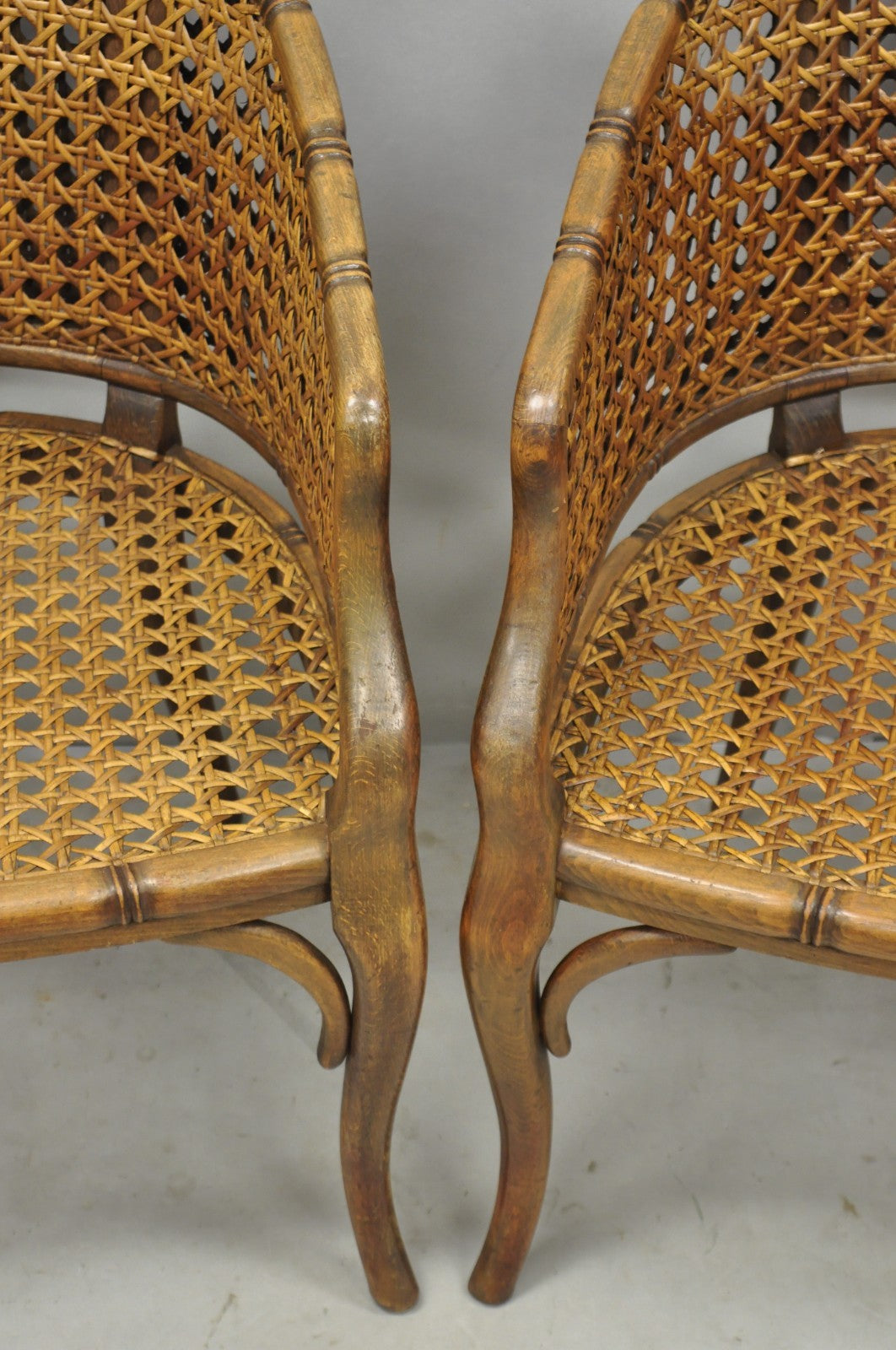 Vintage Hollywood Regency Faux Bamboo Wood & Cane Barrel Back Lounge Chair, Pair