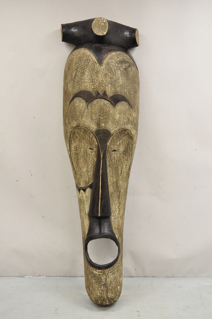 Large 80" Gabon African Carved Wood Elongated Fang Ngil Mask Sculpture Statue