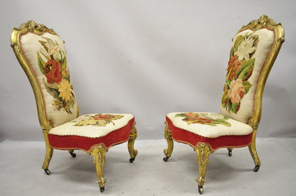 Antique French Victorian Gold Gilt Rococo Revival Slipper Parlor Chairs - a Pair