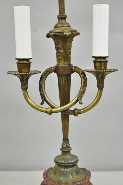 Antique French Neoclassical Bronze Torch & Trumpet Arm Marble Base Table Lamp