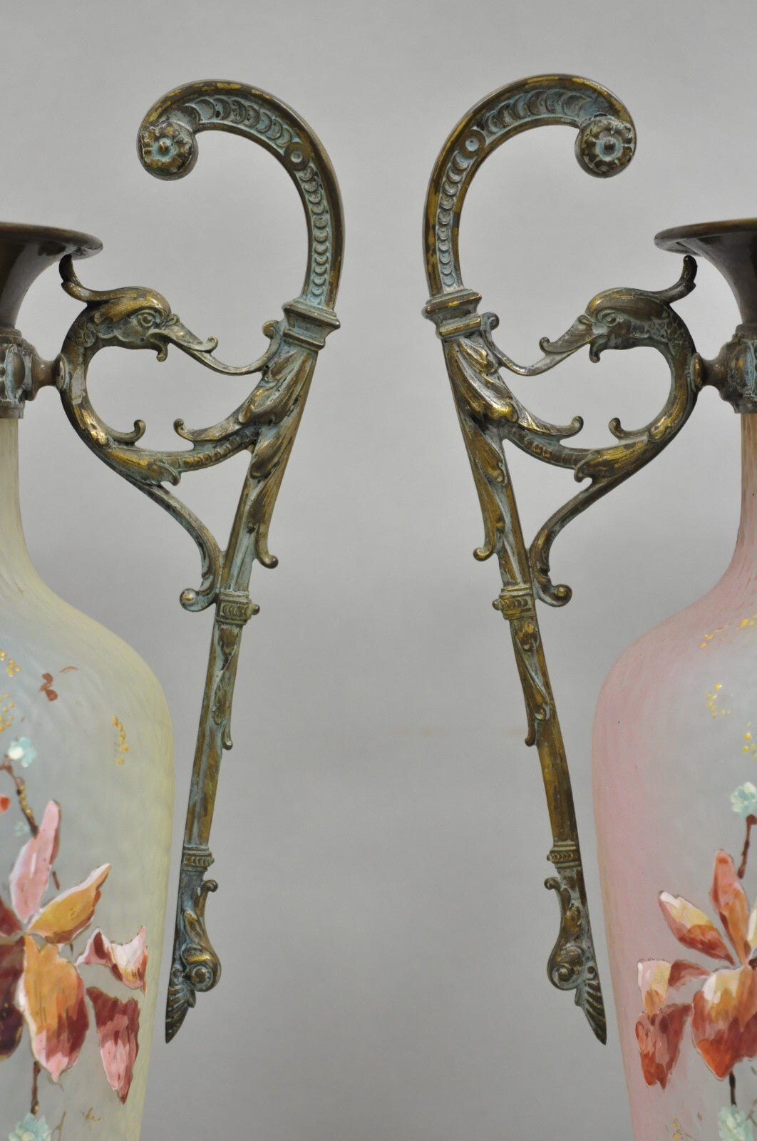 Antique English Victorian Rainbow Glass Hand Painted Birds Table Lamp - a Pair