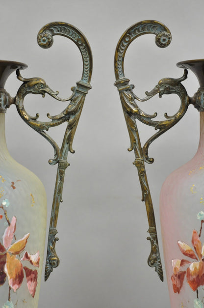 Antique English Victorian Rainbow Glass Hand Painted Birds Table Lamp - a Pair