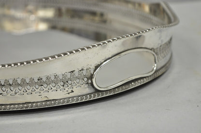 Antique English Edwardian Silver Plated Oval Bar Serving Tray w/ Raised Gallery