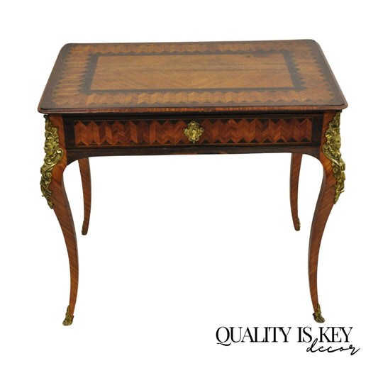 Antique French Louis XV Style Bronze Mount Marquetry Inlay 1 Drawer Writing Desk