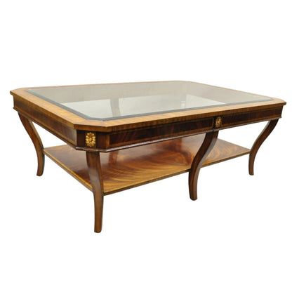 Maitland Smith Empire Style Large Banded Inlay Mahogany Glass Top Coffee Table