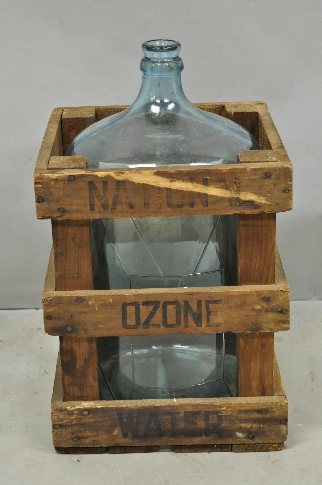 Vintage Great Bear Blue 5 Gallon Glass Carboy Jug in Wooden Crate