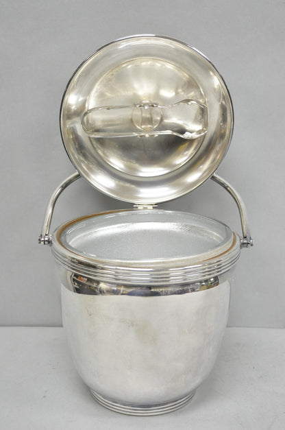 Mid Century Modern Sheffield Silver Plated Reticulating Hinge Ice Bucket w Tongs