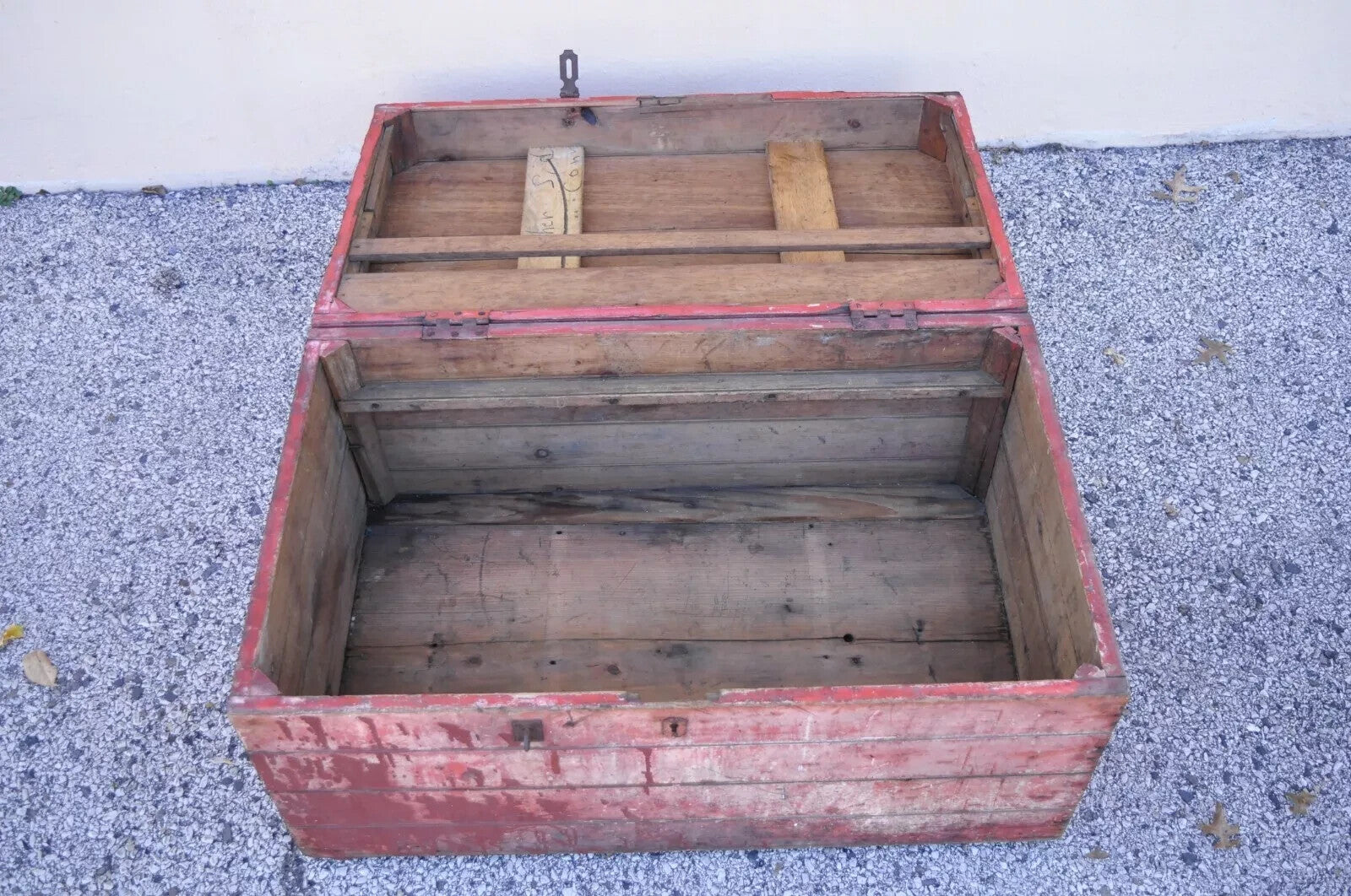 Antique Primitive Country Red Distress Painted Wood Treasure Blanket Chest Trunk