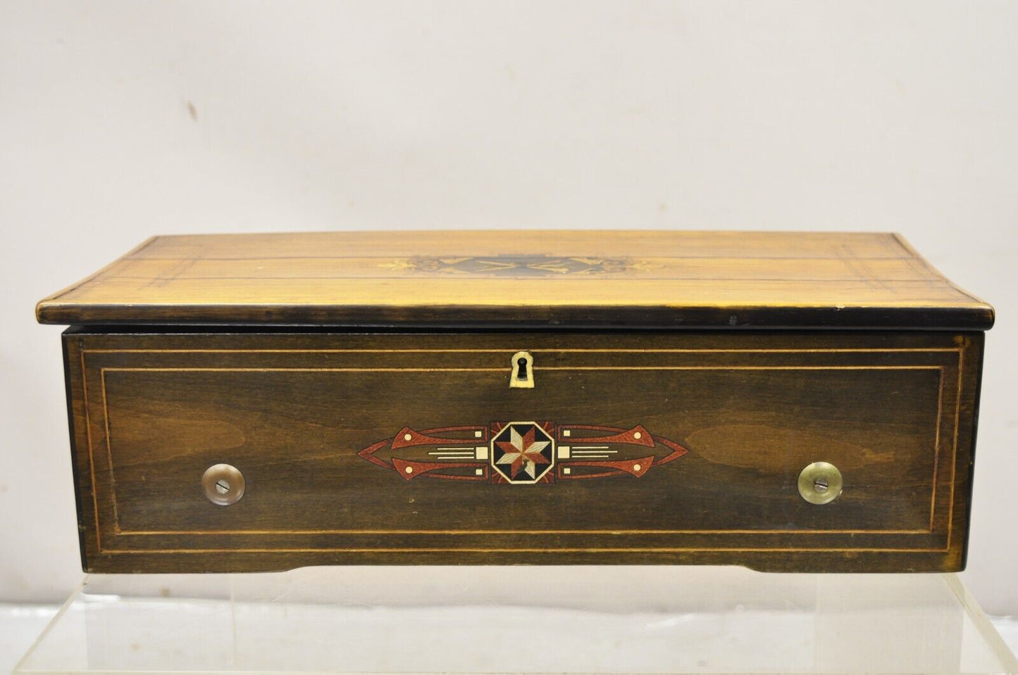 19th C. Antique Swiss Cylinder Roll Music Box 6 Tune Airs with Inlaid Case