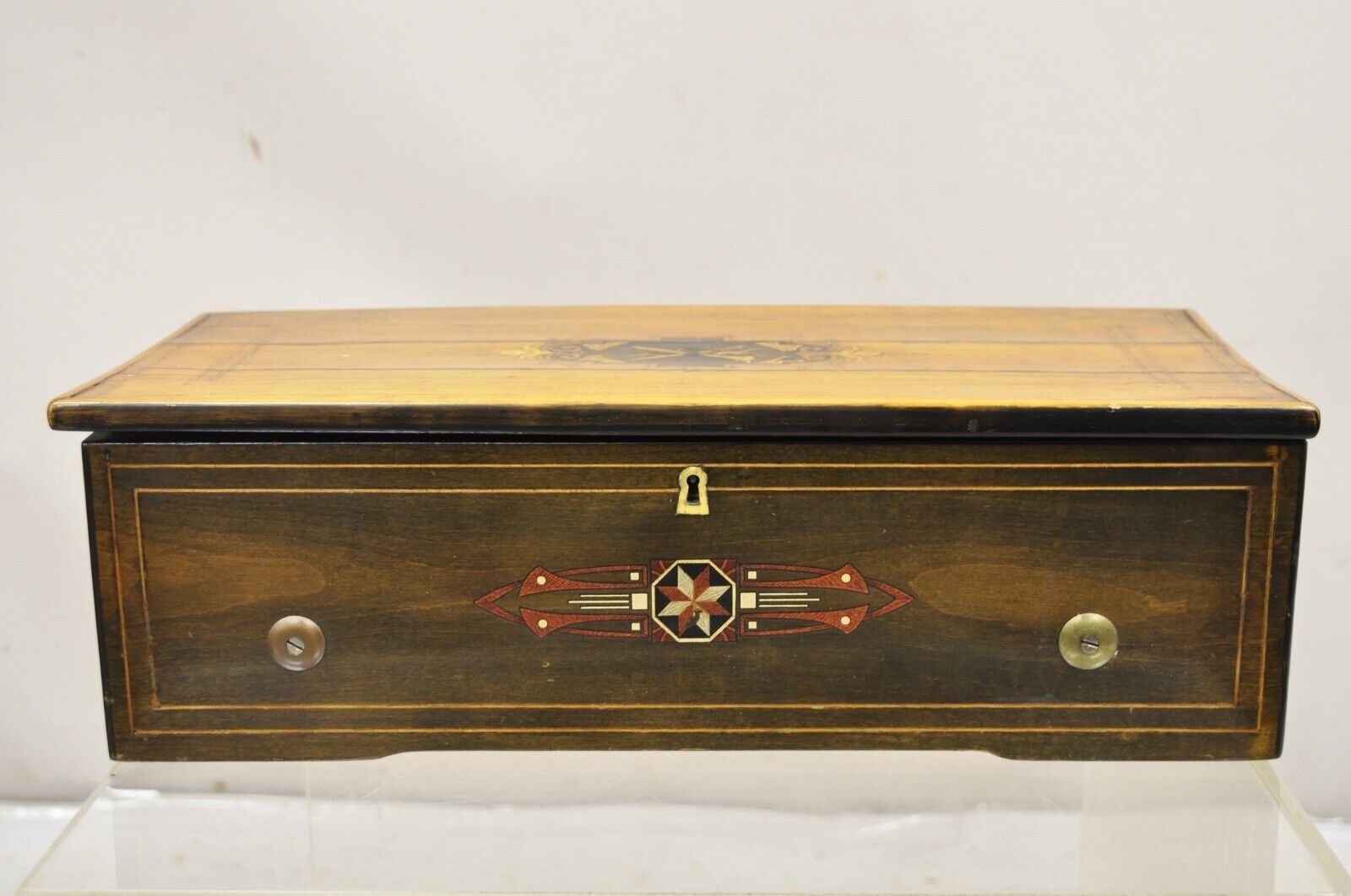 19th C. Antique Swiss Cylinder Roll Music Box 6 Tune Airs with Inlaid Case